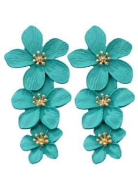 Big Aqua Blue Turquoise Triple Flower Blossom Earrings 3D Large Floral 3 Flowers